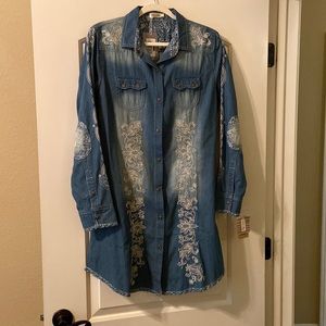 NWT Tasha Polizzi denim tunic with cream embroidery